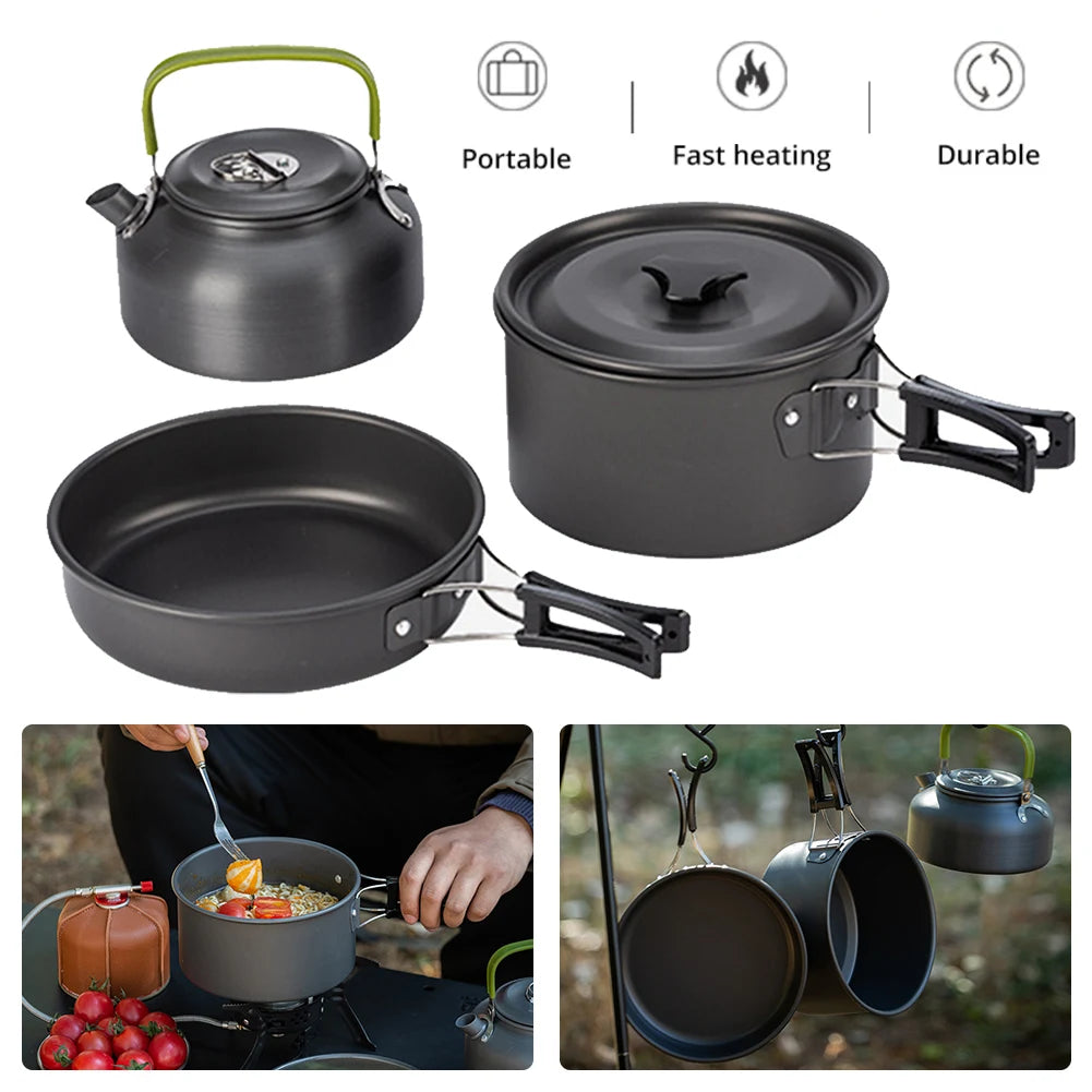 3PCS Outdoor Camping Pot Set Pot Pan Kettle Set Portable Cooker Set with Mesh Bag for Camping Backpacking Outdoor Cooking Picnic