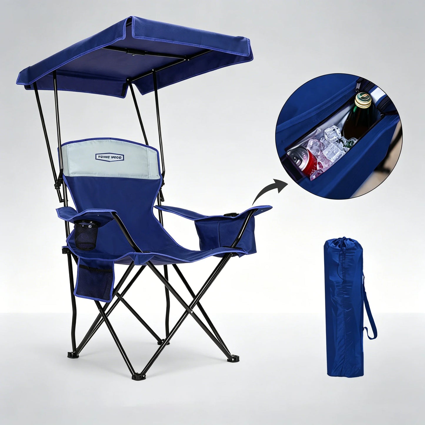 YOUNG WOOD Foldable Canopy Camping Chair Blue with Cooler Bag, Portable Outdoor Lawn Chair with Sun Shade, Cup Holder & Side Pocket, Heavy Duty Folding Beach Chair for Picnic Fishing Patio