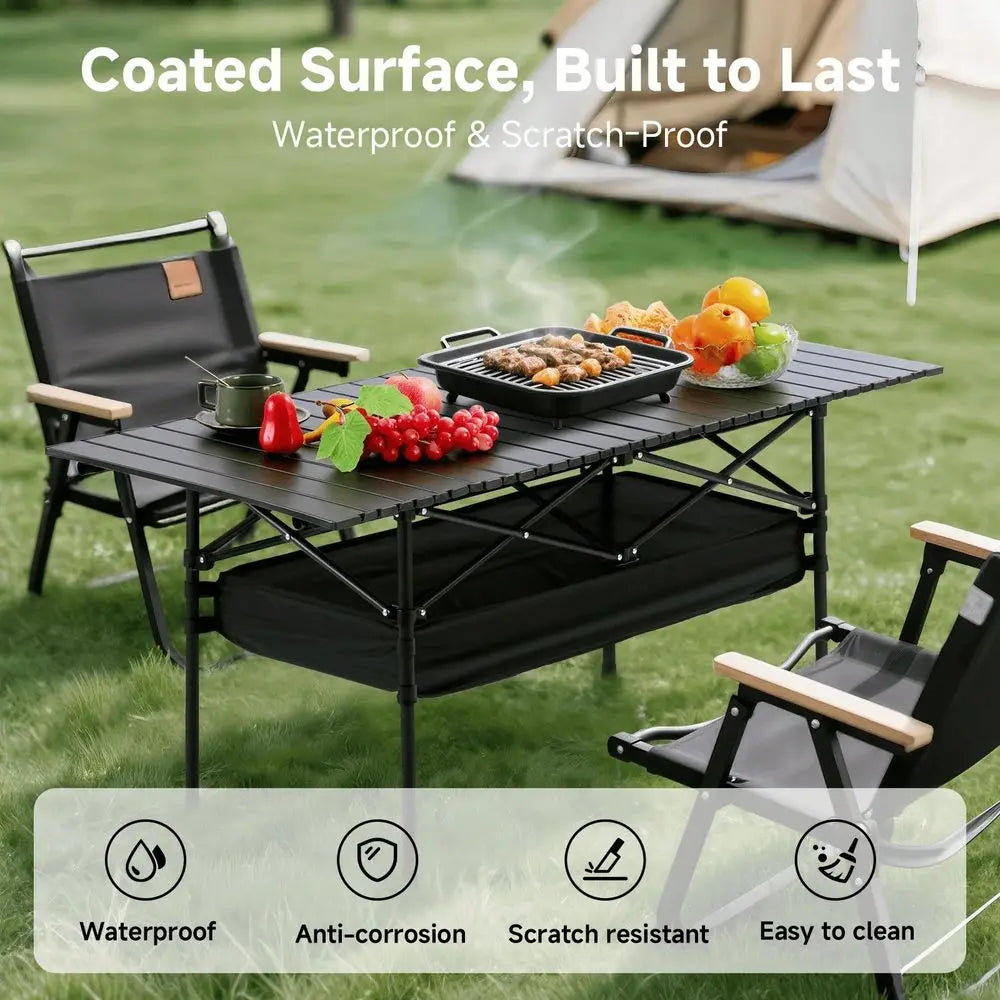 Portable Folding Camping Table, 46 Person Aluminum Outdoor Picnic Table With Storage Carry Bag, Adjustable Height Lightweight C