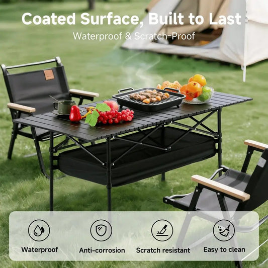 Portable Folding Camping Table, 46 Person Aluminum Outdoor Picnic Table With Storage Carry Bag, Adjustable Height Lightweight C