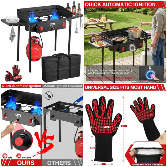 2 Burner Camping Stove with Windscreen& Side Shelves, Bag, Auto Ignition Button,Regulator,150,000