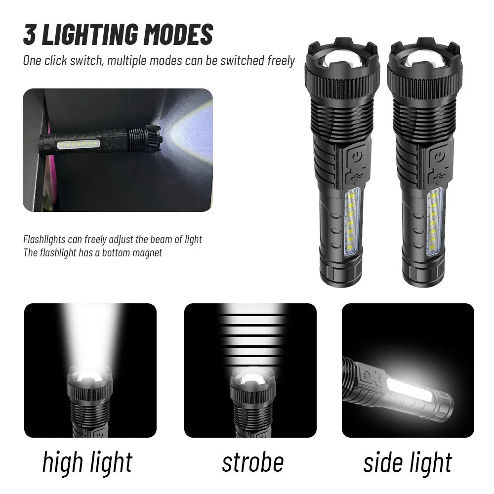 Rechargeable High Lumen LED Flashlight Tactical COB Work Light Power Display Waterproof Camping Emergency Christmas Men Gift