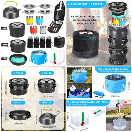 42 Pcs Camping Cookware MKit, Non Stick Lightweight Pots Pan Kettle, Collapsible Water Container and