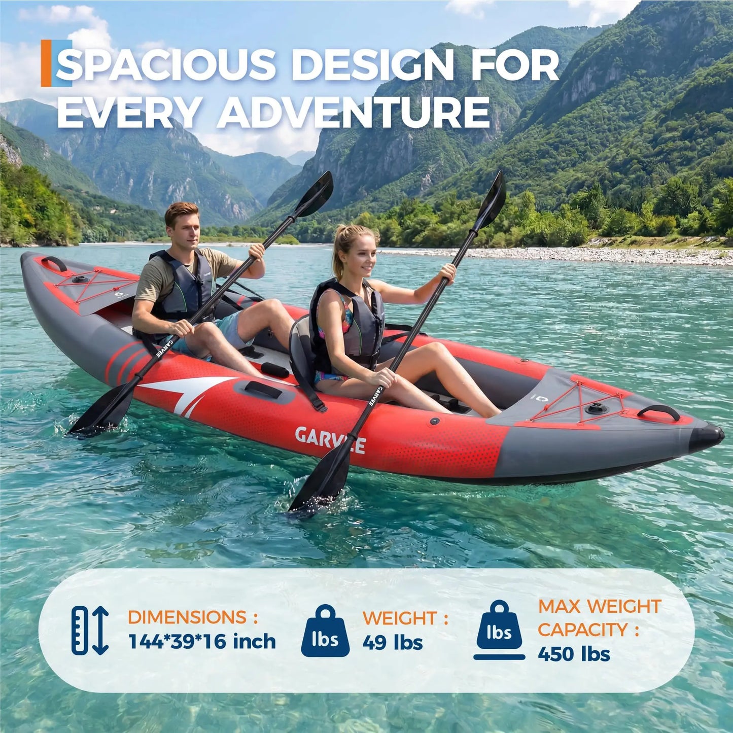 2 Person Inflatable Kayak 12.5 ft, Fishing Kayak for Adults with Padded Seat and 3 Fins, Portable Touring Kayak