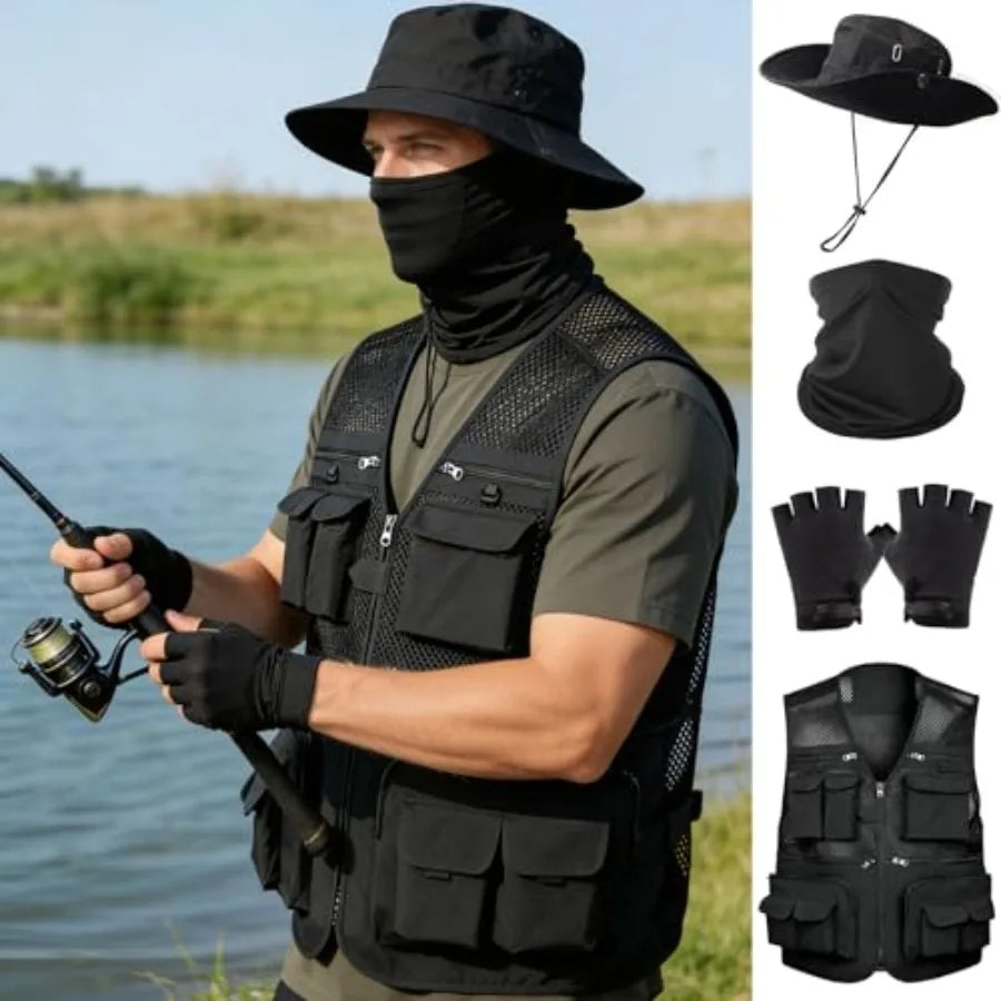 HUNTURE Fishing Vest, Pocket Travel Vest and Hat Gloves Neck Gaiter for Safari Hiking, Lightweight Work Cargo Vest for Men