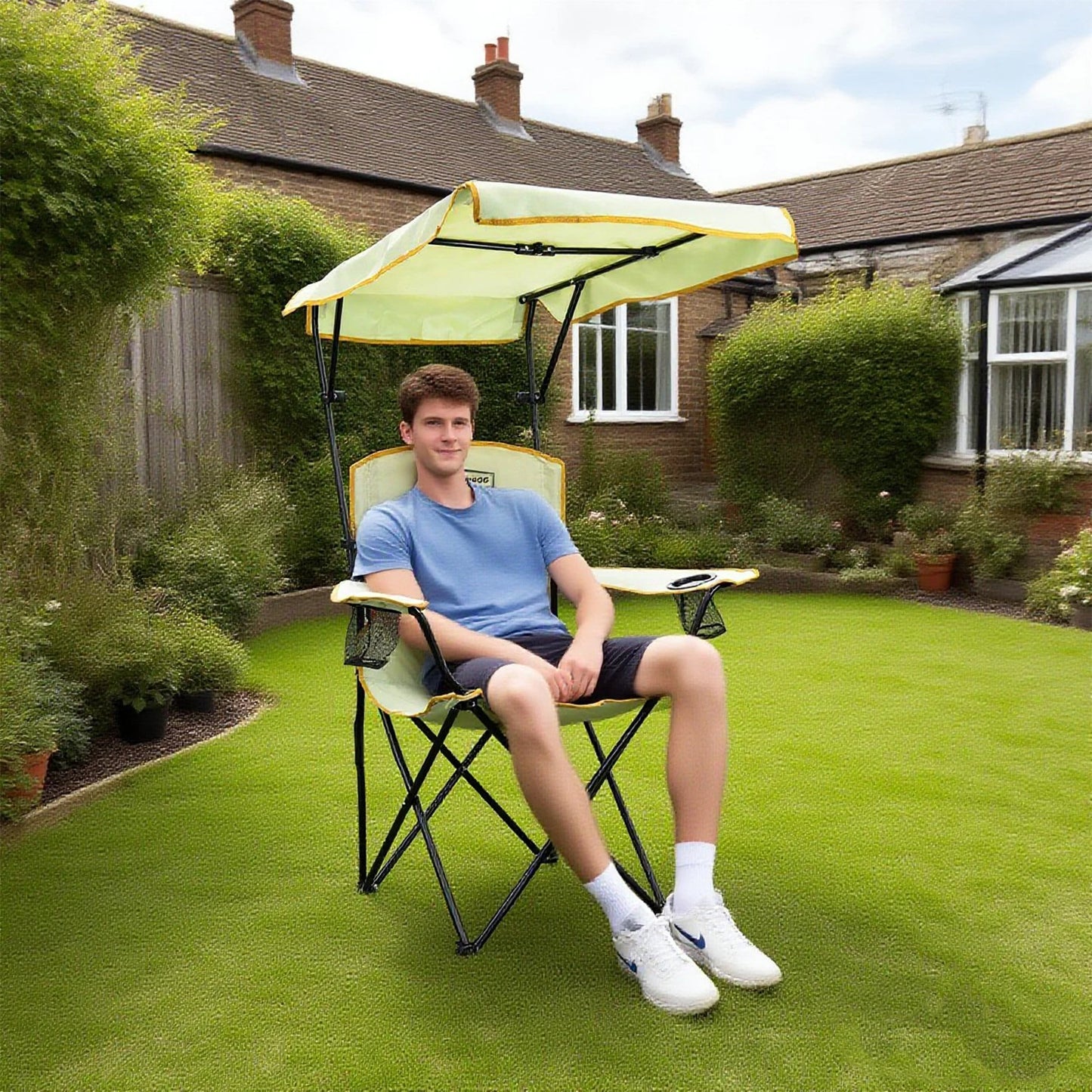 2-piece set of foldable camping chairs with sunshade, Double cup holder outdoor lawn chair, Heavy-duty portable folding chair