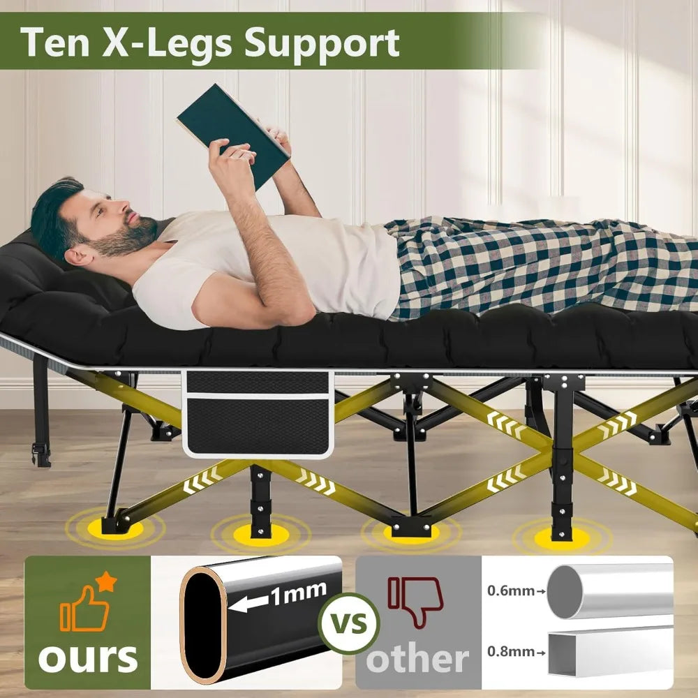 Slendor Camping Cot, Folding for Adults, Portable Sleeping Cot with Carry Bag, 1200D Oxford, Support 500lbs, Black