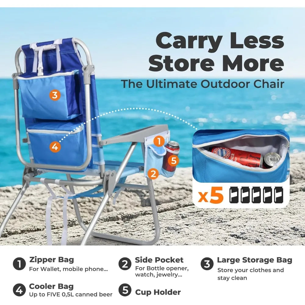 Tall Beach Chairs for Adults – 5-Position Reclining Backpack Chair with Large Insulated Cooler & Storage Pocket, Customized