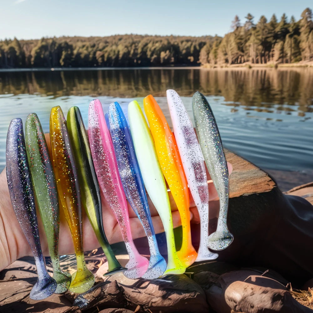 10Pcs 9cm Fishing Lures Plastic T Tail Worm Soft Bait Paddle Tail Swim Baits for Freshwater and Saltwater