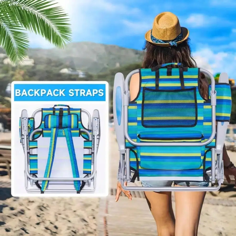 1PC Portable Beach Chair For Adults- Reclining Camping Chair With Headrest& Cup Holder, Lightweight Foldable Design For Backpack