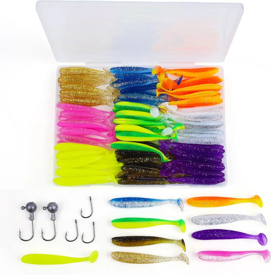 Soft Fishing Lures Kit: 90pcs Plastic Baits with 5 Fishhooks, Paddle Tail Swimbaits for Bass Trout Walleye Crappie