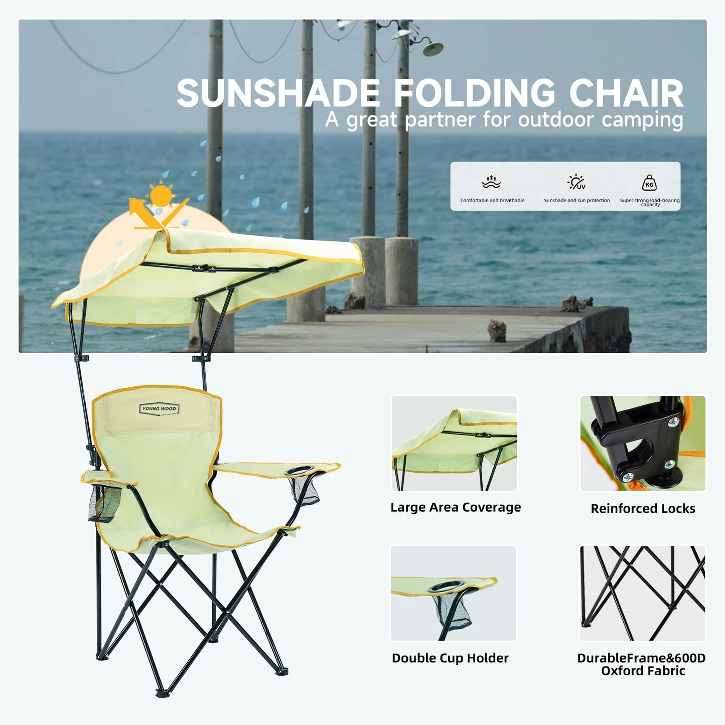 2-piece set of foldable camping chairs with sunshade, Double cup holder outdoor lawn chair, Heavy-duty portable folding chair