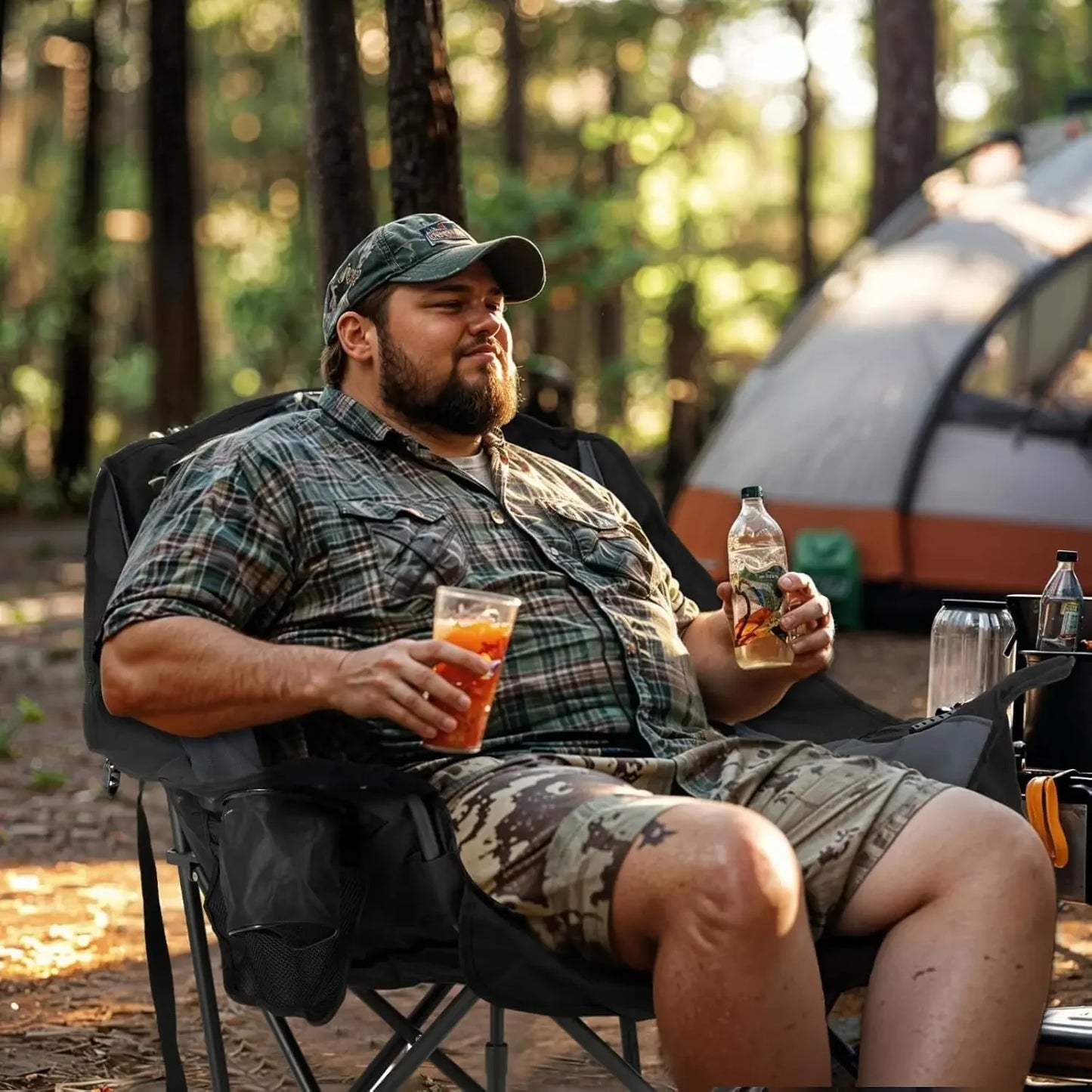 Oversized XL Camping Chair for Adults - 400lbs Support Heavy-Duty Padded Folding Chair with Side Pocket Cup Holder Cooling Bag f
