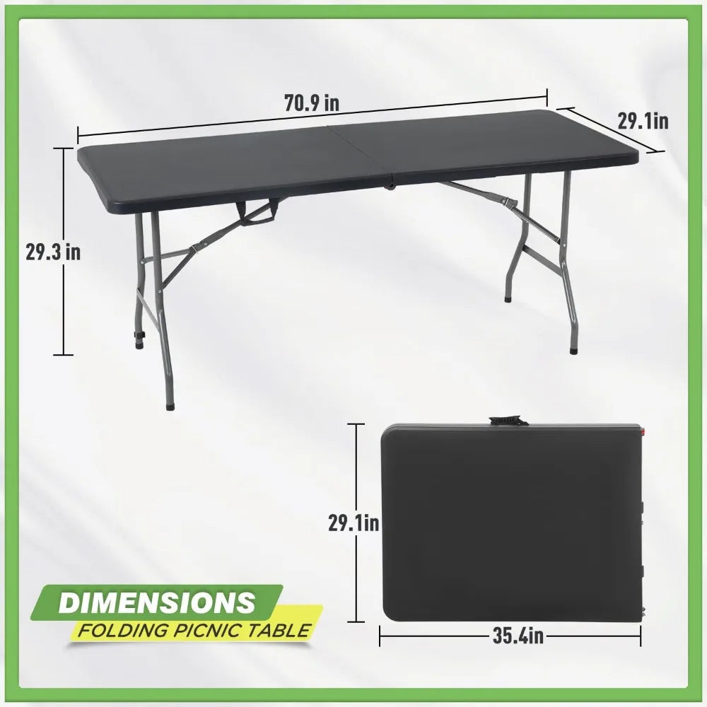6 FT Folding Camping Table Heavy Duty Plastic Portable Square Dining Table for Picnics Parties Outdoor Black