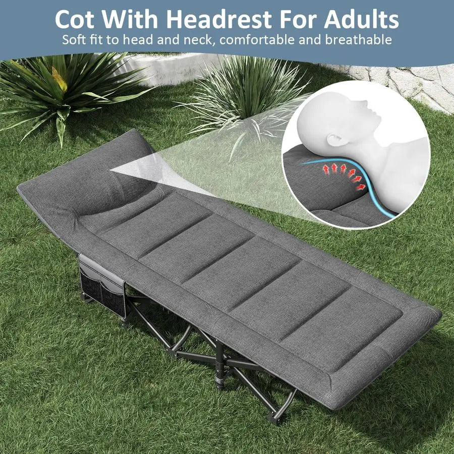 Cot, Folding Cot Bed for Adults with Builtin Mattress and Pillow, Portable Outdoor Sleeping Cot for Camping and Travel, with Car