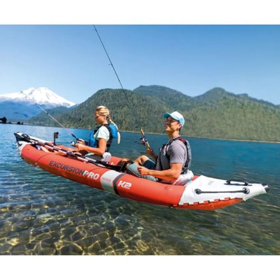 Excursion Pro inflatable kayak set for outdoor water adventures: SuperTough PVC, gray/black, 2-person capacity, 400lb weight li