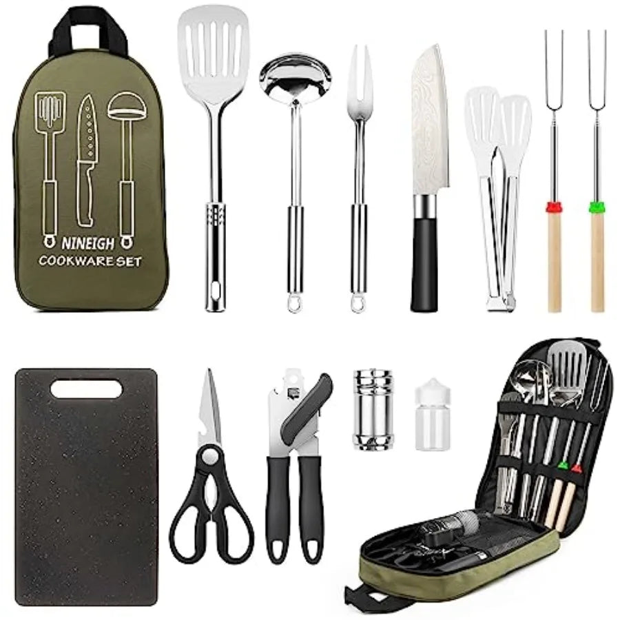 Camping Cooking Utensils Set, Stainl Steel Grill Tools, Camping BBQ Cookware Gear and Equipment for Travel Tenting RV Van Picni