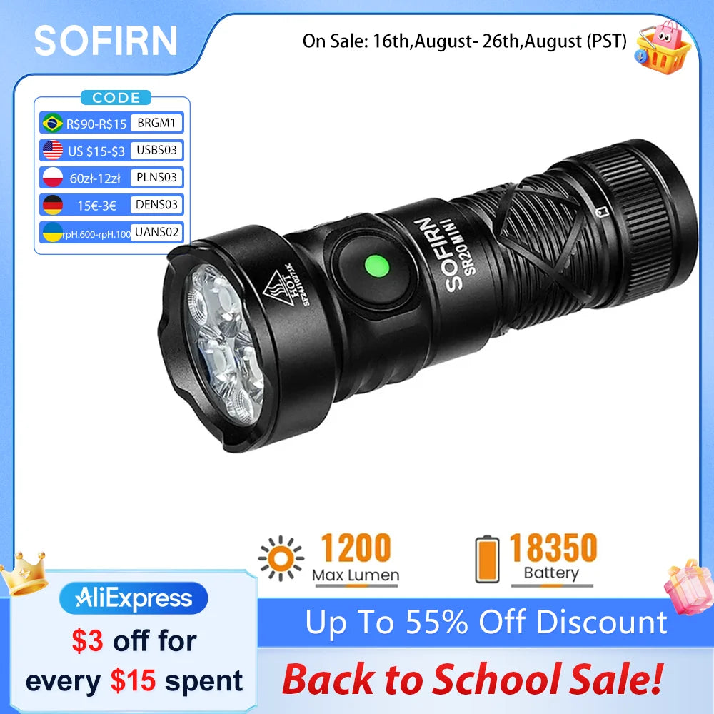 New SOFIRN SR20 MINI 1200lm Flashlight 18350 USB C IP68 Waterproof with Red LED Key Light for Camping Emergency Situations