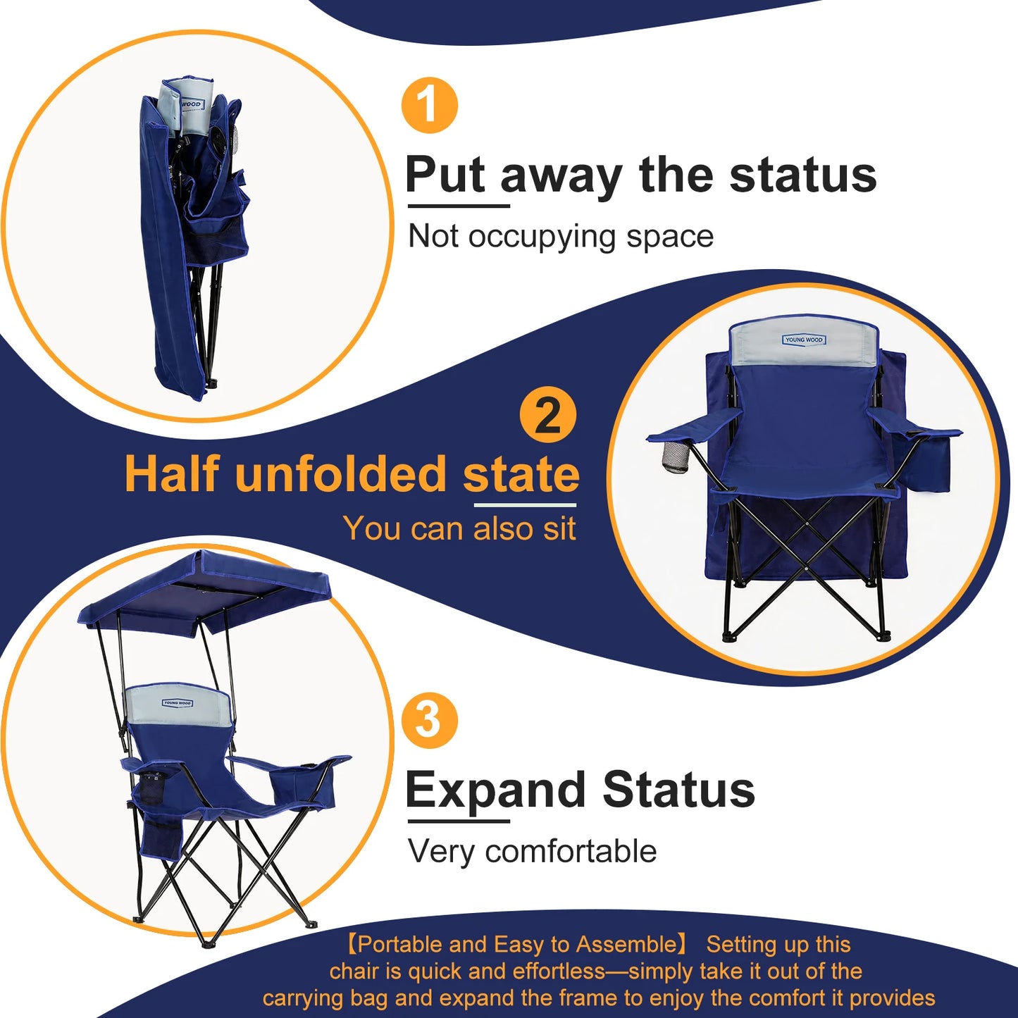 YOUNG WOOD Foldable Canopy Camping Chair Blue with Cooler Bag, Portable Outdoor Lawn Chair with Sun Shade, Cup Holder & Side Pocket, Heavy Duty Folding Beach Chair for Picnic Fishing Patio