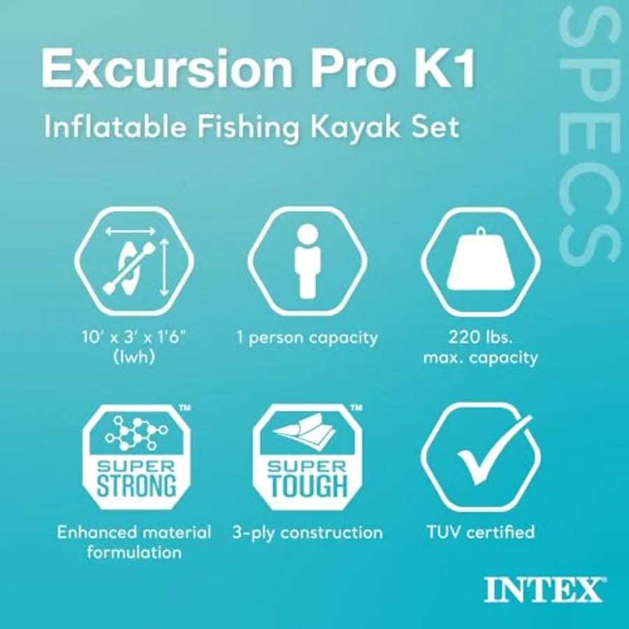 Excursion Pro K1 Inflatable Kayak Set for 1-Person: SuperTough PVC, Gray/Black, 220lb Capacity, Adjustable Bucket Seat Deluxe 8