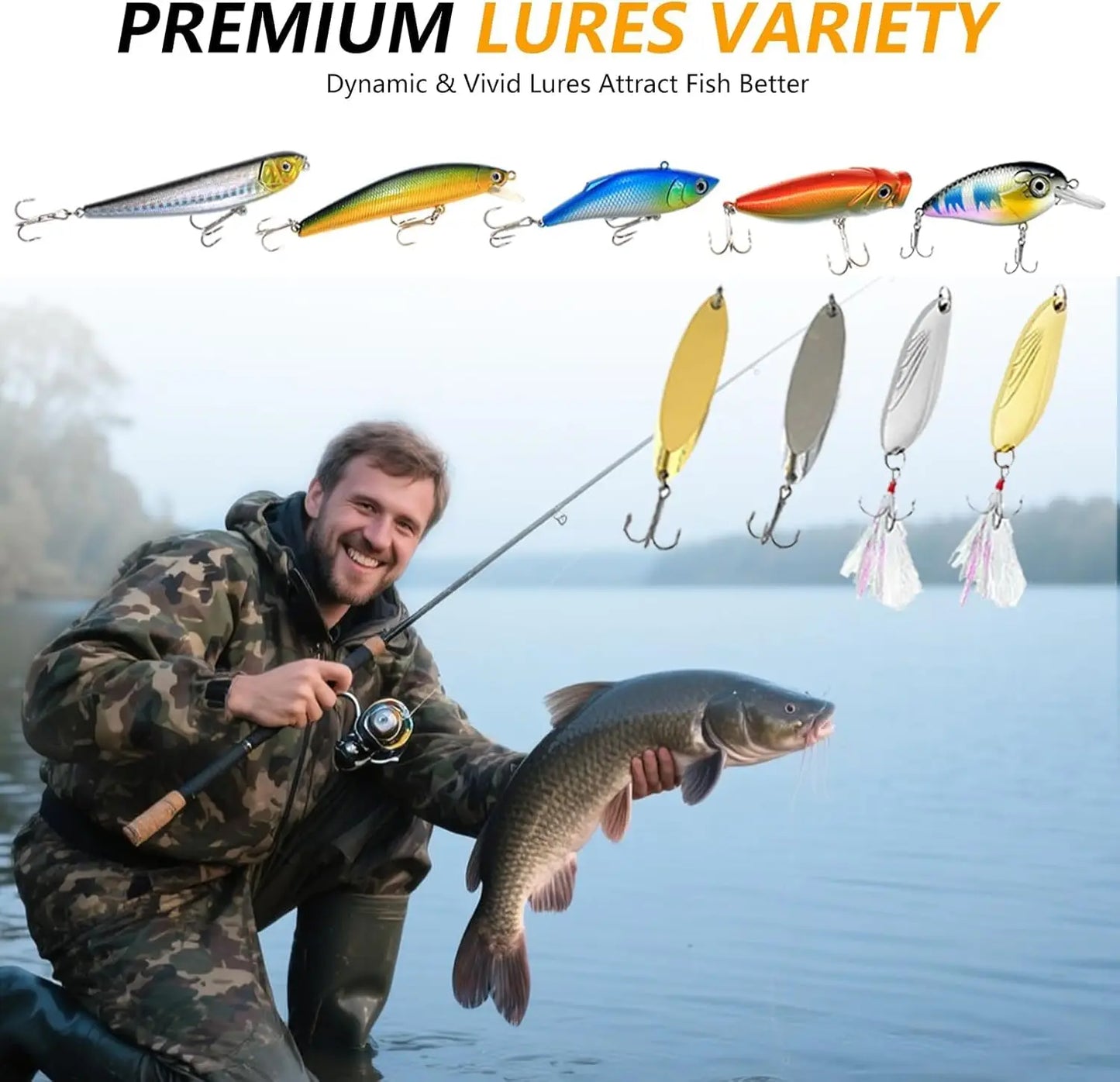 99pcs/431pcs Fishing Lure Kit for Bass Trout Salmon with Spoons Soft Plastics Spinnerbaits Crankbaits Hooks