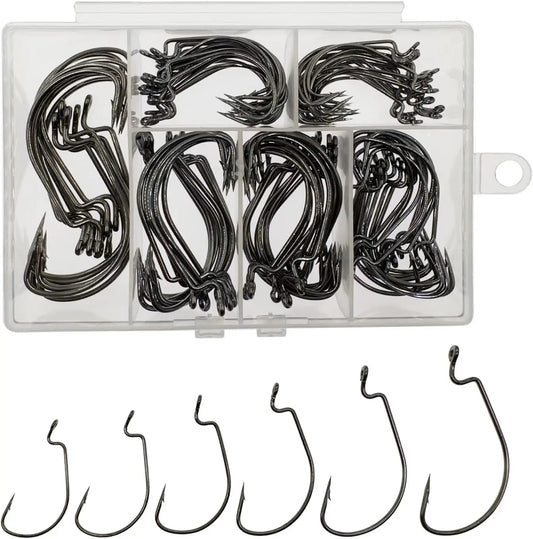 Worm Hooks for Bass Fishing Hooks, 110pcs Bass Hooks Fishing, 6 Sizes Fishing Hooks Freshwater, Eagle Claw Hooks #1 1/0 2/0 3/0