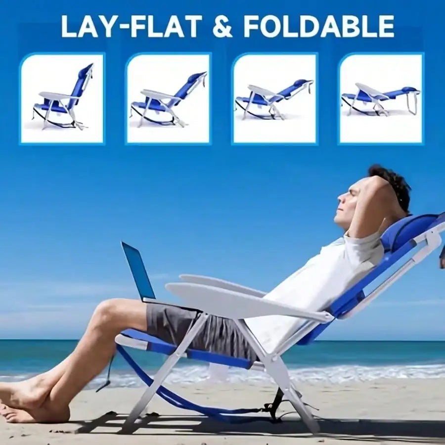 1PC Portable Beach Chair For Adults- Reclining Camping Chair With Headrest& Cup Holder, Lightweight Foldable Design For Backpack