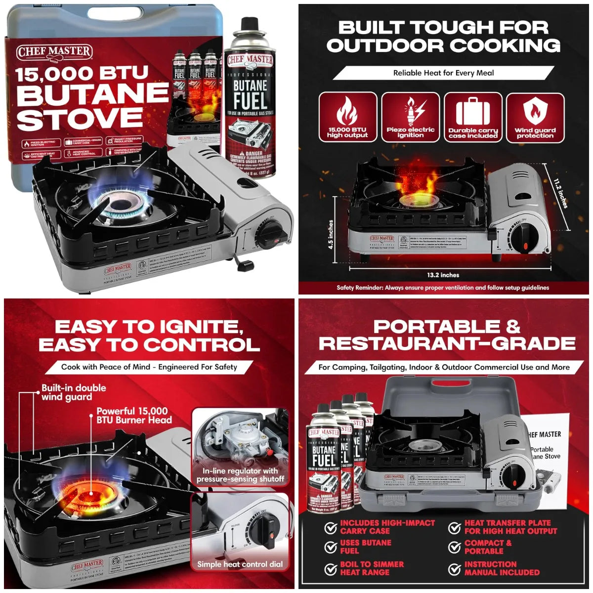 15,000 Butane Portable Camp Stove | Double Wind-Guard Portable Stove Burner w/Piezo Click Ignition