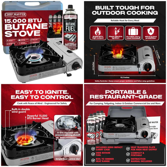 15,000 Butane Portable Camp Stove | Double Wind-Guard Portable Stove Burner w/Piezo Click Ignition