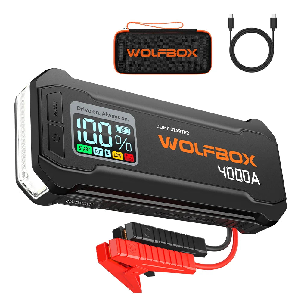 WOLFBOX JS24 4000A Portable Jump Starter Battery Pack Power Bank 24000mAh for 10L Gas 10L Diesel Engine with Booster