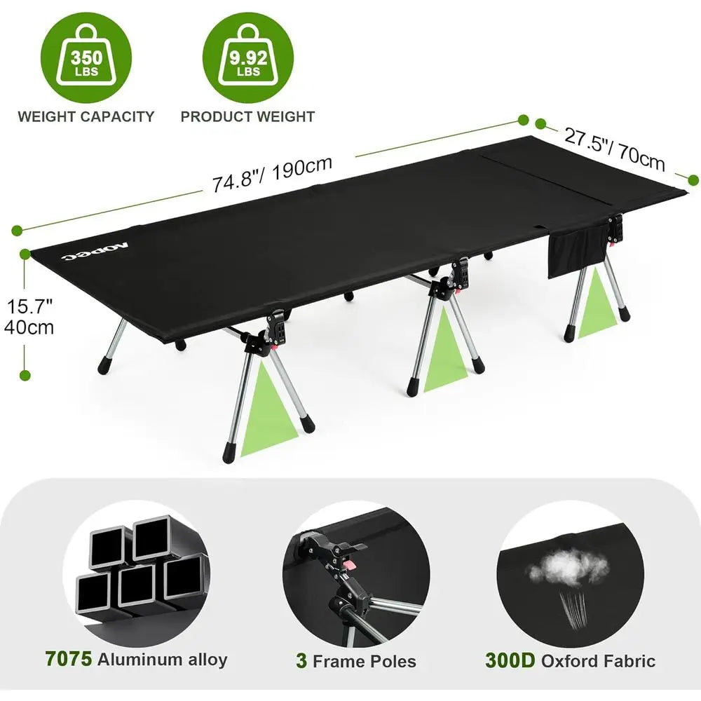 Durable 350lbs Camping Cot, Adjustable Height, Lightweight Portable Folding Bed for Outdoor, Travel, Beach, Office Nap