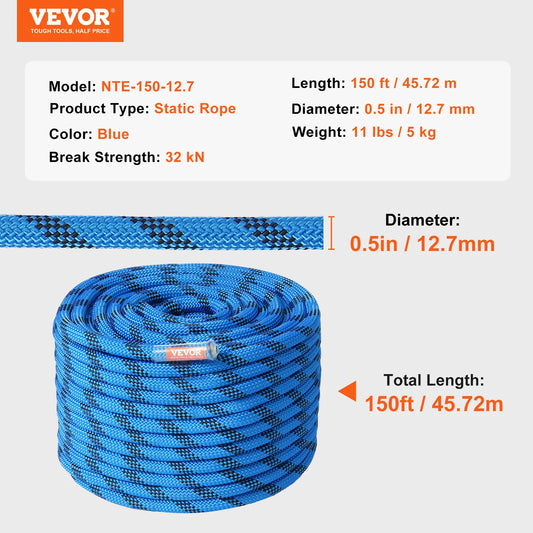 VEVOR 12.7mm Static Climbing Rope 125/150/200ft Outdoor Rock Climbing Rope 30KN Breaking Tension Fiber Rope w/ Steel Snap Hooks