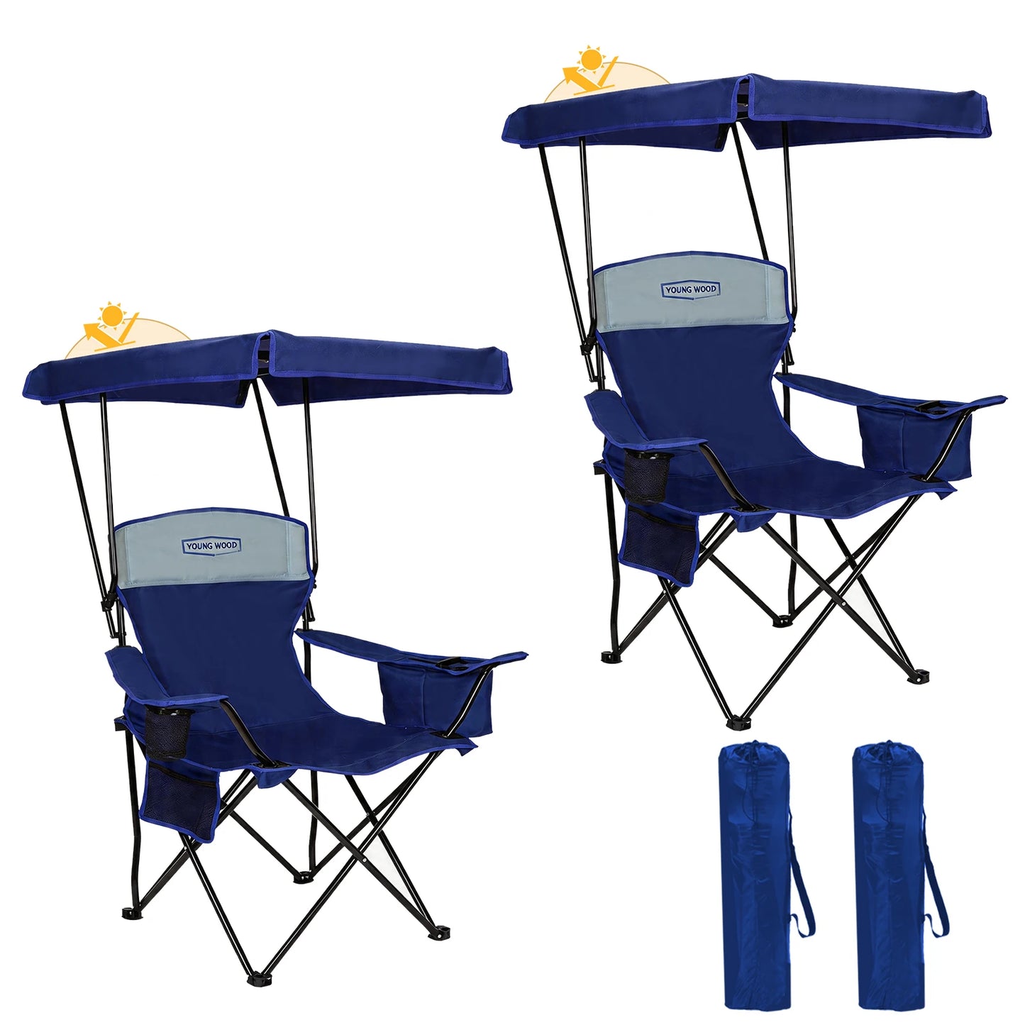 YOUNG WOOD Foldable Canopy Camping Chair Blue with Cooler Bag, Portable Outdoor Lawn Chair with Sun Shade, Cup Holder & Side Pocket, Heavy Duty Folding Beach Chair for Picnic Fishing Patio