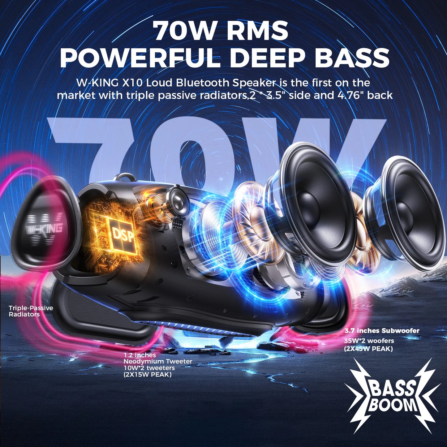 W-KING 70W Waterproof Portable Loud Bluetooth Speaker, Wireless Outdoor Boombox SubwooferTriple Passive Radiators-Deep Bass