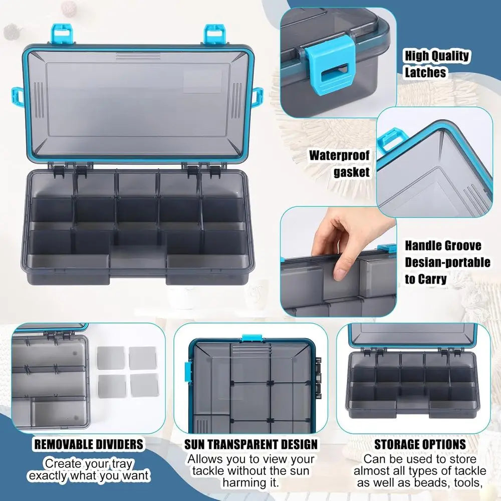 Waterproof Tackle Boxes with 3600 & 3700 Removable Dividers, Ideal for Freshwater & Saltwater Fishing (Blue)