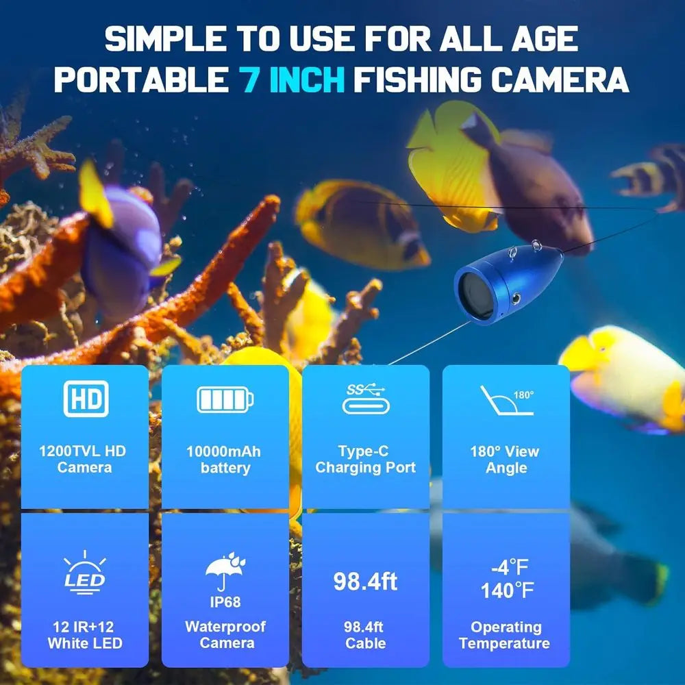 1200TVL HD Underwater Ice Fishing Camera with 7inch Monitor,49ft/15m Cable,10000mAh Fish Finder with 24pcs LED Lights
