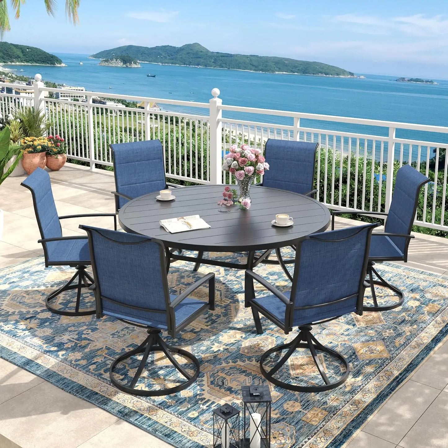 Outdoor Dining Set for 6, 50" Outdoor Dining Table with Umbrella Hole and Padded Textilene Patio Swivel Chairs, 7, Customized