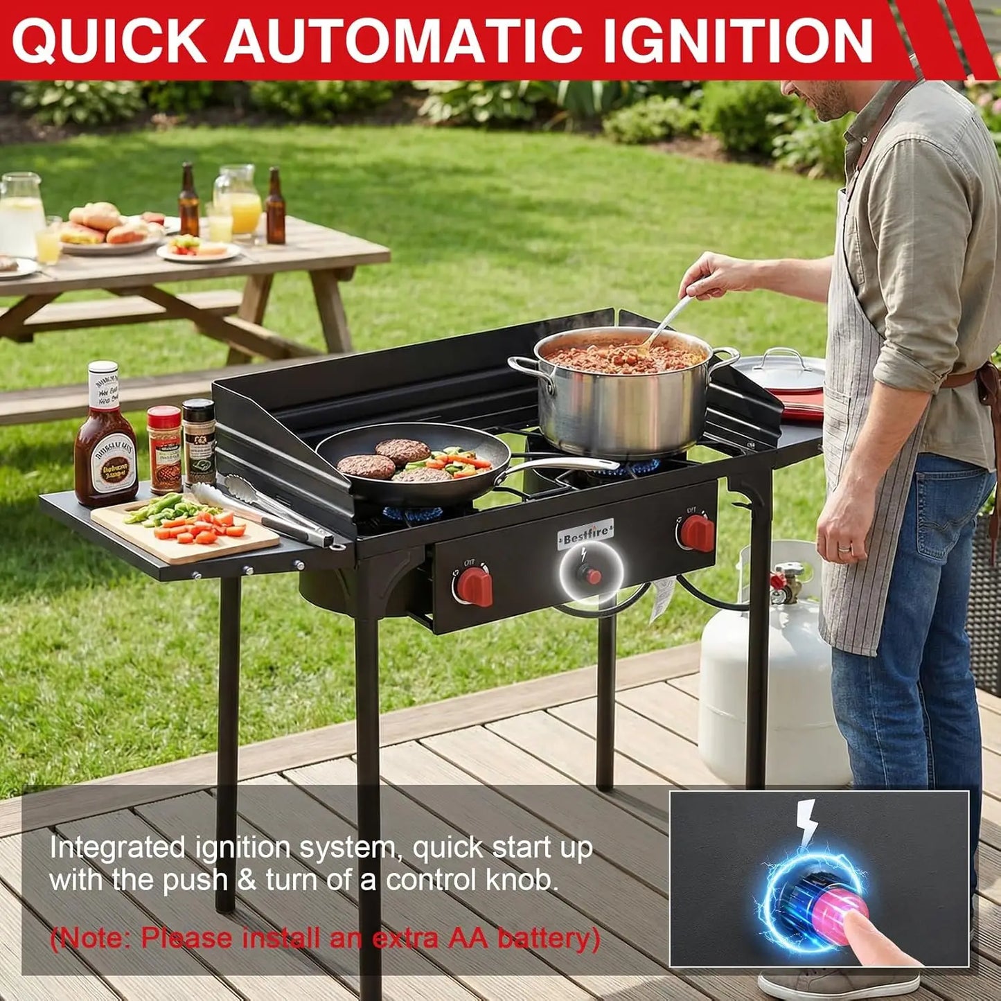 2 Burner Camping Stove with Windscreen& Side Shelves, Bag, Auto Ignition Button,Regulator,150,000