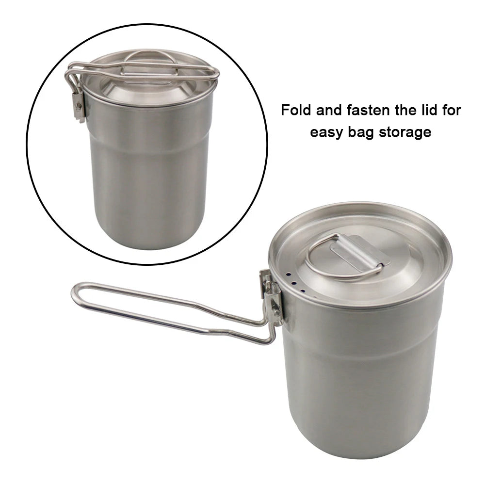 Camping Cup Stainless Steel Coffee Mug Portable Cooking Pot 1L with Lid Folding Handle for Camping Picnic Hiking
