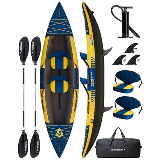 Inflatable Sit-on-Top Tandem Kayak for lake and coastal exploration, PVC material, gray-blue color, ultra-stable 12'2×36×13, 60