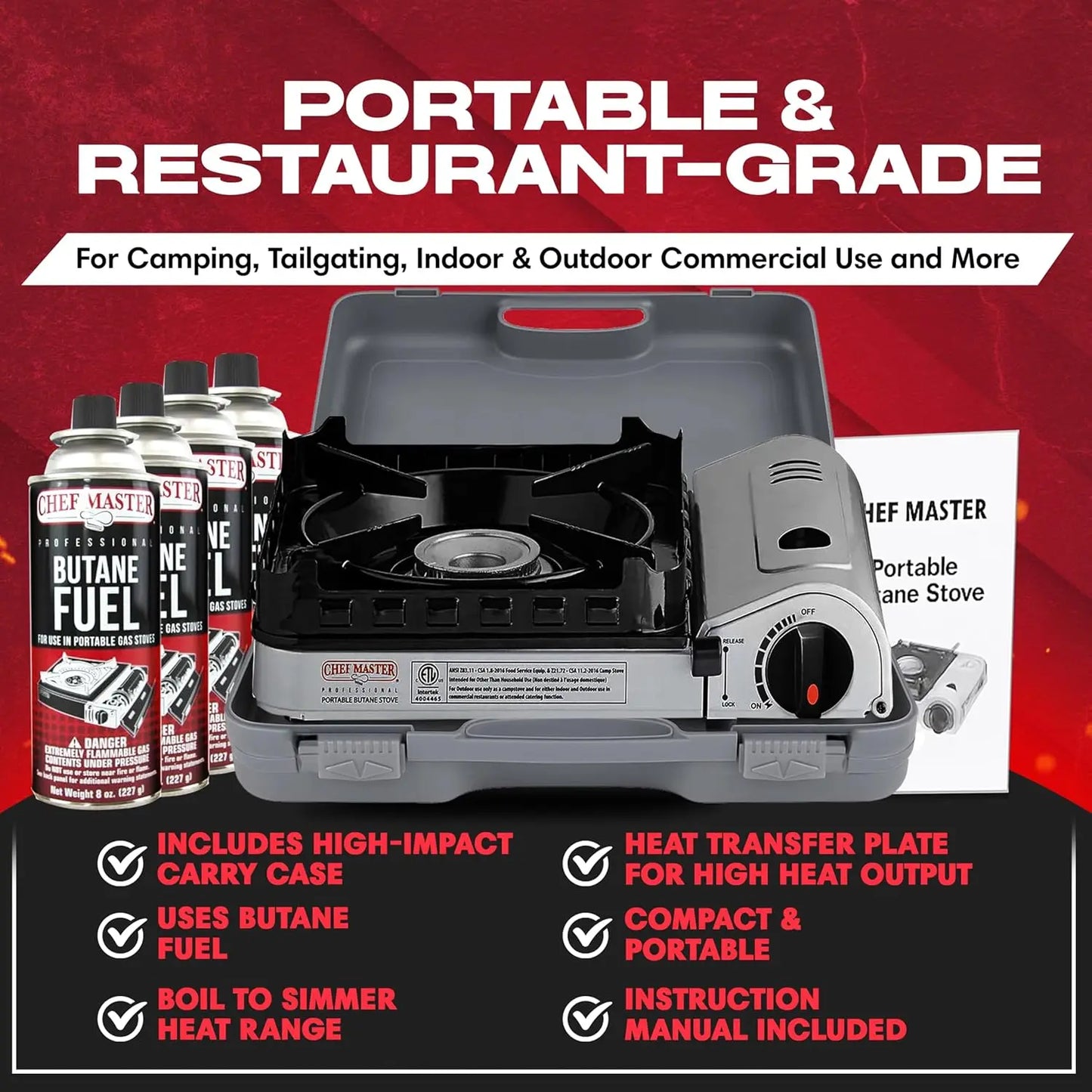 15,000 Butane Portable Camp Stove | Double Wind-Guard Portable Stove Burner w/Piezo Click Ignition