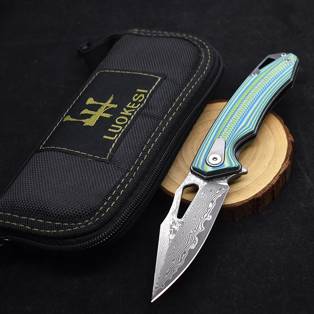 Damascus Steel G10 Handle Folding Knife, Outdoor Pocket Knife,  Ideal for Outdoor Camping and Hiking Tool EDC