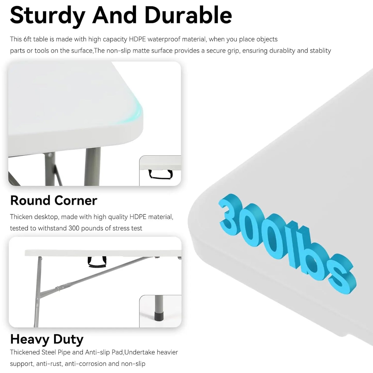 6ft Foldable Table w/ Handle & Steel Legs Heavy Duty Portable Party Dining Wedding Picnic Indoor Outdoor Camping Utility, Custom