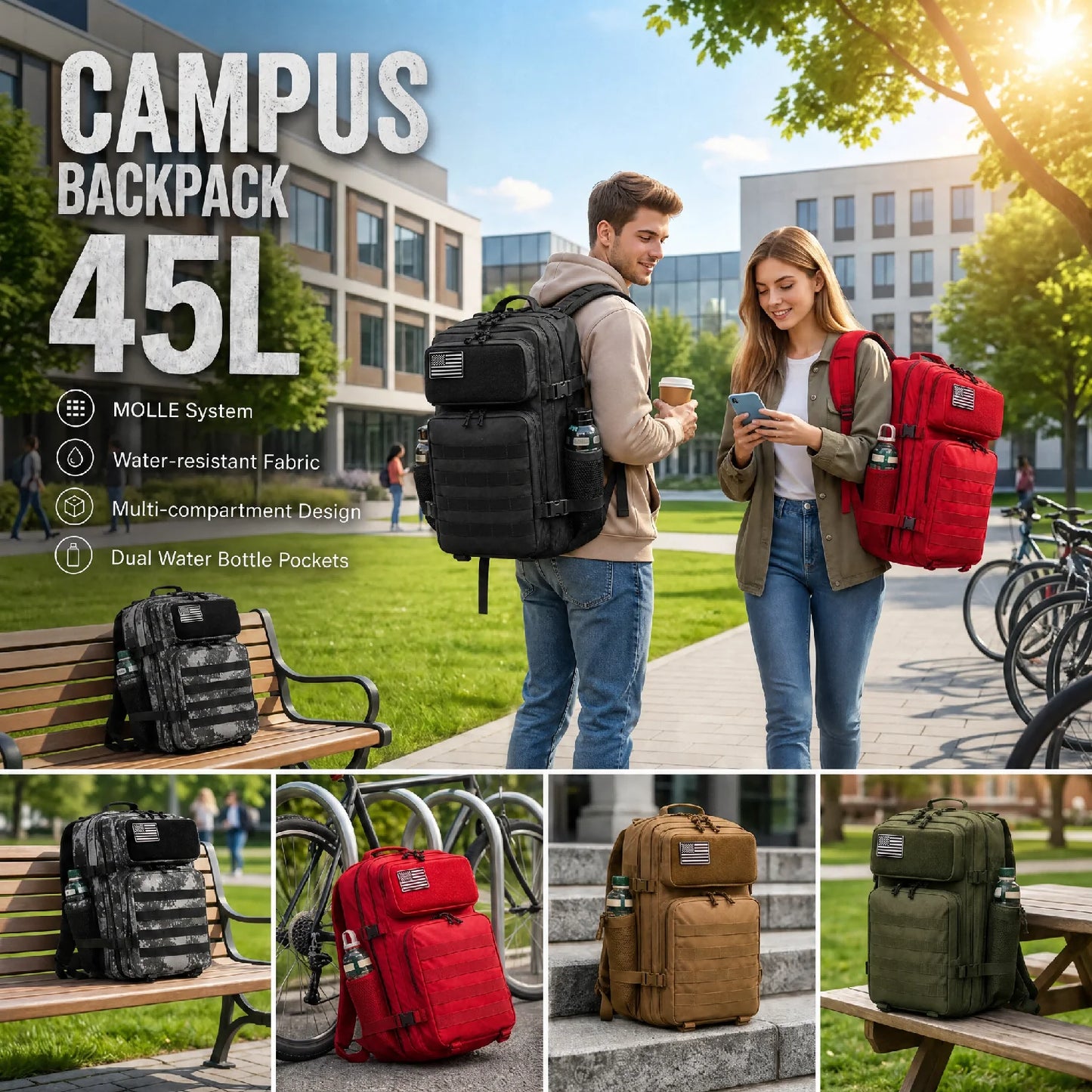 45L Large Capacity Tactical Fishing Backpack Angling Rucksack with Dual Water Bottle Cup Holders Outdoor Camping Fishing Tackle Storage Backpack for Sea Fishing Bank Fishing Hiking Trekking Travel Sports EDC Daily Carry Outdo