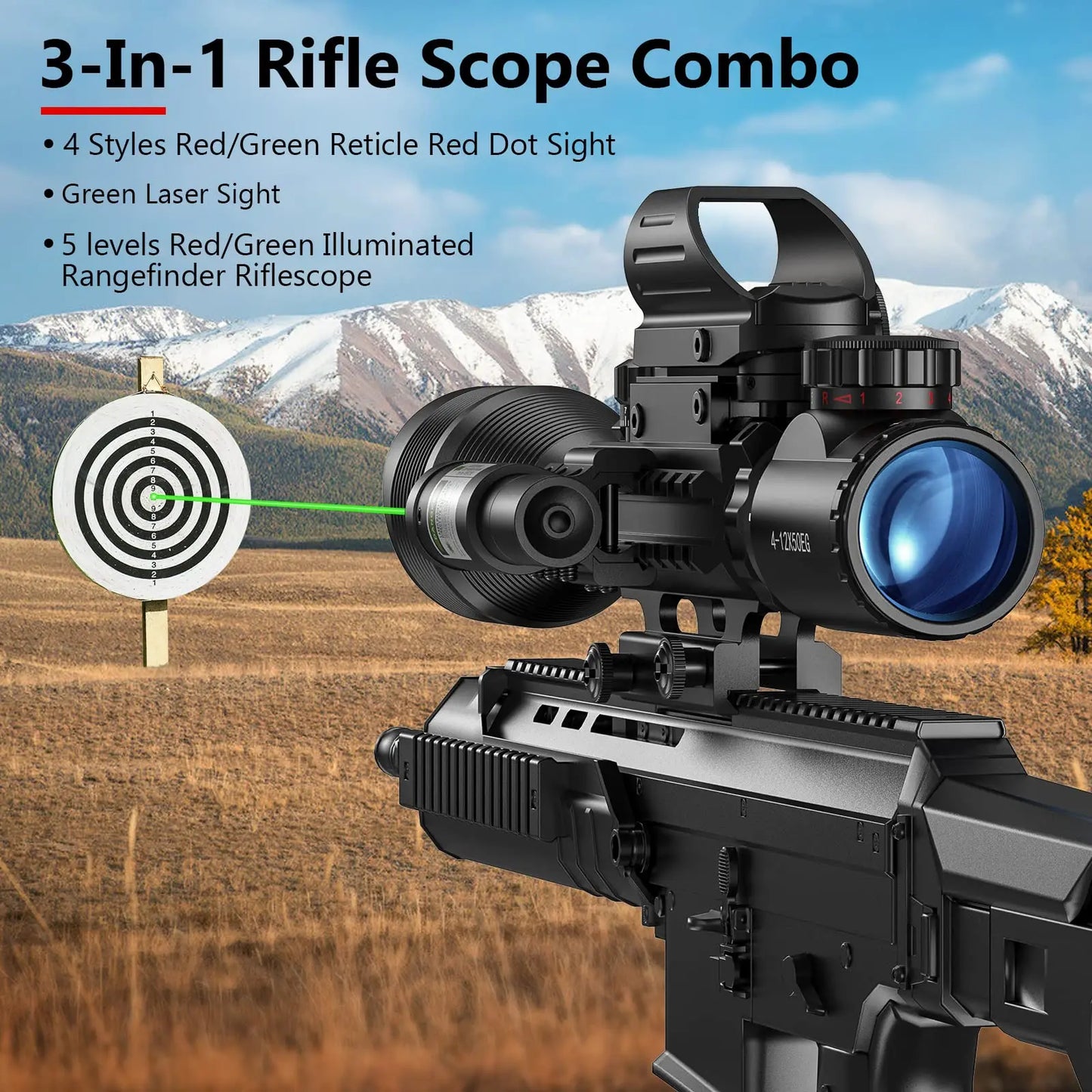 Riflescope Combo 4-12x50EG Dual Illuminated Optics & IIIA/2MW Laser Sight & 4 Holographic Reticle Green Dot Sight & 2