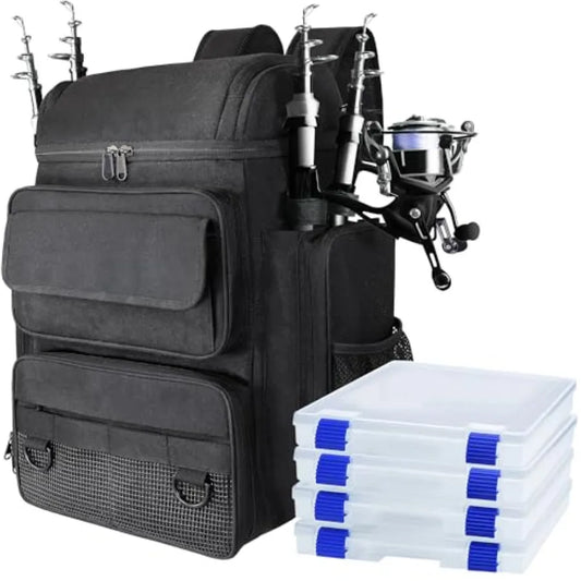 Fishing Backpack with 4 Tackle Boxes 45L Large Tackle Backpack for Fishing Camping Hiking Black