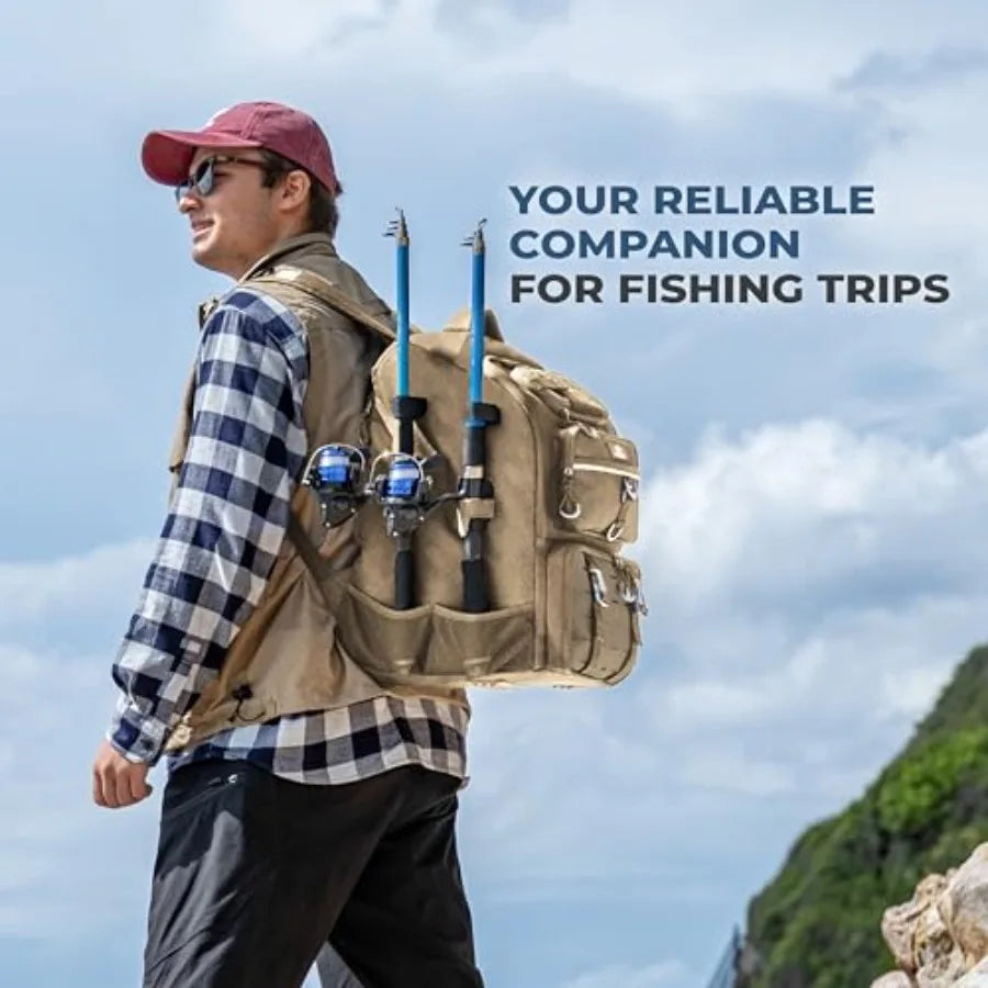 Fishing Backpack with Tackle Boxes and Rod Holders 40L; Plus Rain Cover, Padded Back Support, Insulated Front Pocket for Hot/Co