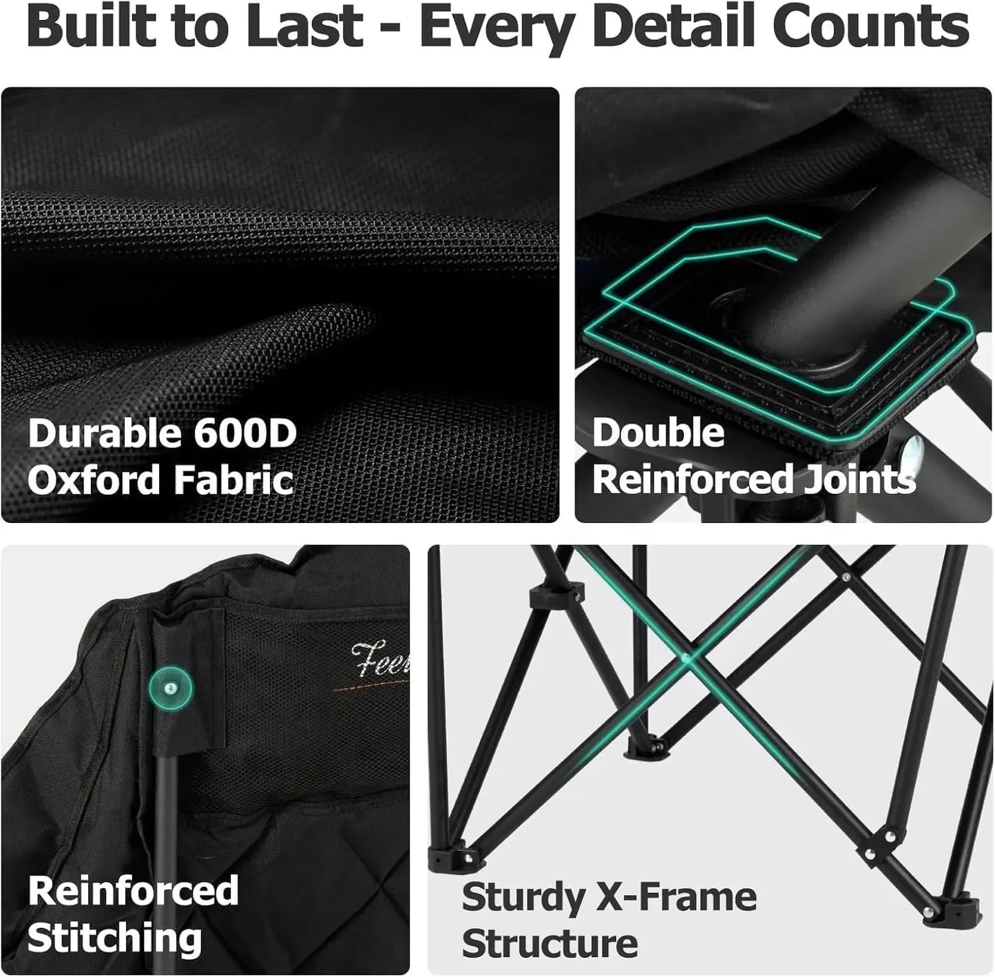 Oversized XL Camping Chair for Adults - 400lbs Support Heavy-Duty Padded Folding Chair with Side Pocket Cup Holder Cooling Bag f