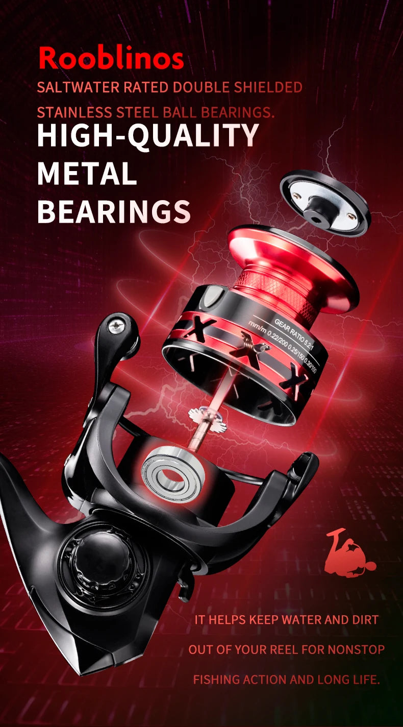 Rooblinos HT 5.2:1 7+1BB Spinning Reels Metal Spool carretilhas de pesca Reel for Fishing Accessories Peche