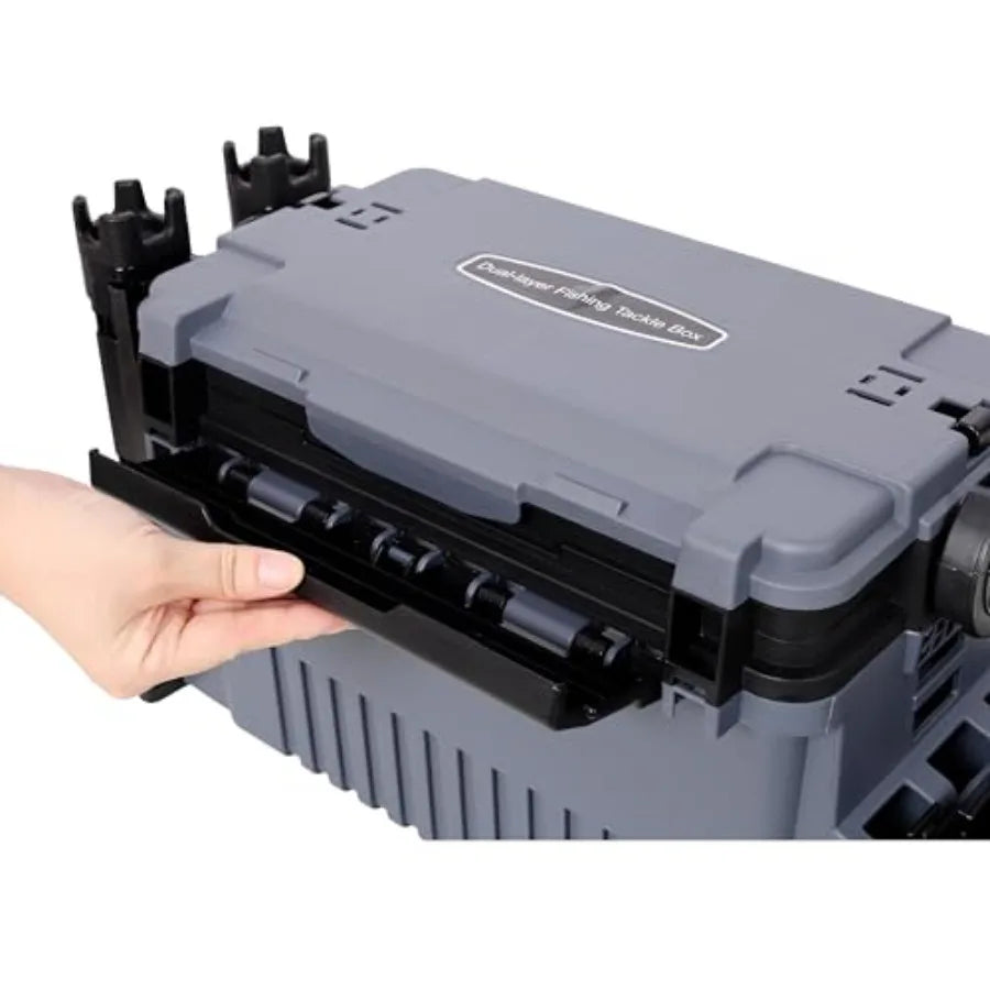 Dual-Layer Fishing Tackle Box Organizer 11L Waterproof Tacklebox for Fishing with Adjustable Compartments, 2 Rod Holders, 2 Cup